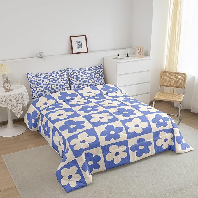 Castle Fairy Kids Cute Flowers Plaid Queen Size Comforter Set,Blue and Cream Floral Checked Bedding Set with 2 Pillowcases,Fashion Geometric Style Breathable Durable Polyester Bedding Set