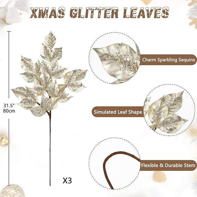 Christmas Tree Picks and Sprays 31.5" Champagne Atrificial Elm Leaves with Stems 3 Pcs Christmas Picks for Tree Champagne Vase Fillers for DIY Xmas Trees Wreath Centerpieces Wedding Bouquet Decor