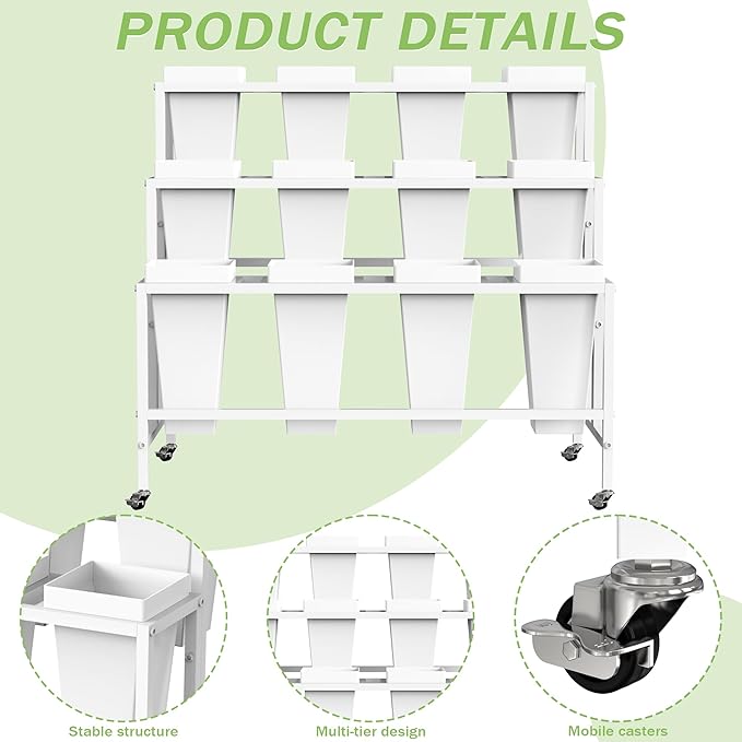 Flower Display Stand with 12 Buckets, Flower Cart 3 Layers White Metal Flower Bar Stand with Wheels, Moving Florist Bouquet Shelf for Weddings Florist Indoor Outdoor Patio Garden Living Room