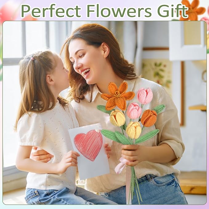 Dremisland Crochet Flowers 6PCS Crochet Tulips Finished Handmade Knitted Flowers Crocheted Bouquets Pastel Floral Gift for Mothers Girls Friends Teacher Gifts for Women,Graduation Flower Home Decor