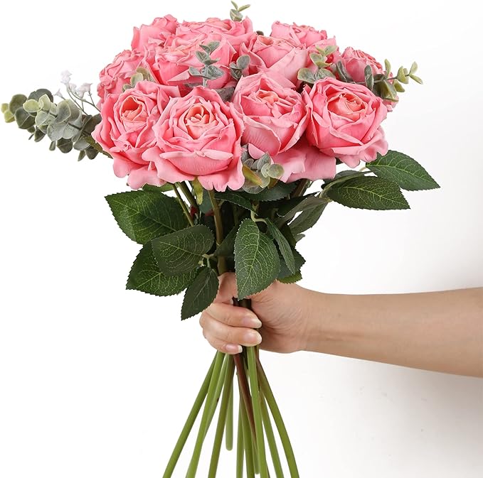IPOPU Pink Roses Artificial Flowers 12PCS Pink Fake Roses Dried Silk Flowers with Single Stems Faux Rose Realistic Pink Flower Centerpieces for Tables Wedding Bouquet Floral Arrangements