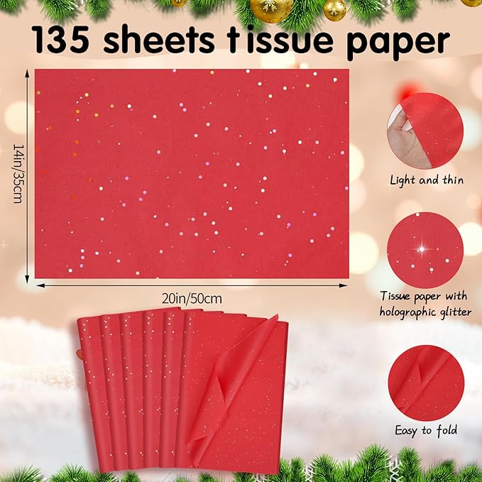 135 Sheets Glitter Tissue Paper for Gift Bags 20 x 14 Inch Red Tissue Paper with Sparkle for Christmas Wedding Birthday Holiday Decor Art DIY Crafts