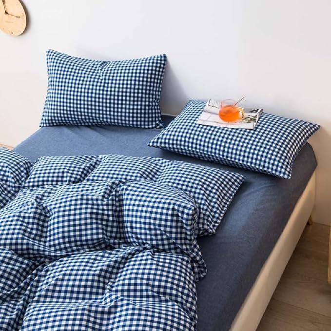 LifeTB Queen Comforter Set Royal Blue Gingham Bedding Comforter Modern Style Blue Grid Plaid Comforter Set 3 Pieces Fluffy Checkered Comforter with 2 Pillowcases Breathable Gingham Bedding Set