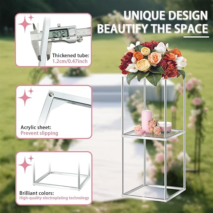 2-Tier Metal Flower Stand Set with Acrylic Shelves, Geometric Display Rack for Wedding Centerpieces, Party Decor, Tall Floor Vase Stand (Silver, Set of 3-36.8"/32.9"/25")