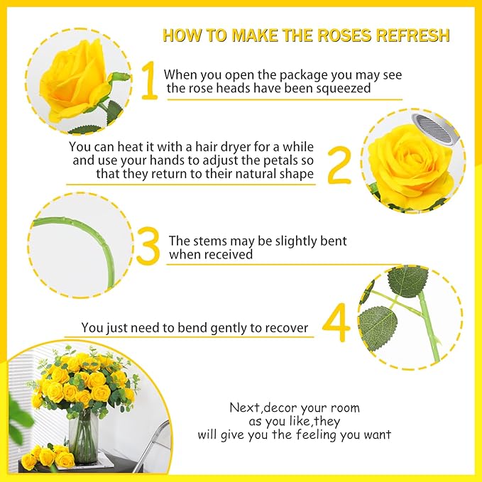 50PCS Artificial Silk Roses in Bulk & Bouquet Long Stem – Realistic Fake Roses for Wedding Centerpieces, Home Decor, Floral Arrangements, Party Decoration (Yellow)