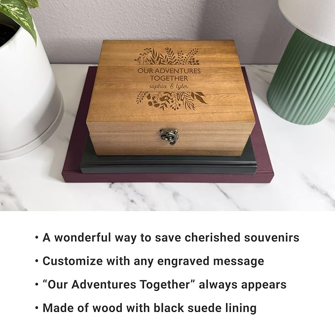 Let's Make Memories Personalized Wooden Keepsake Box With Hinged Lid - Wood Memento Box - Decorative Storage - Home Decor - For Couples, Wedding, Newlyweds - Laser Engraved - Our Adventures Together