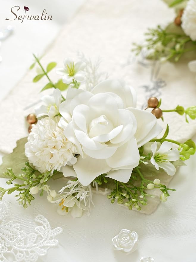 Serwalin Set of 2 Boutonniere for Men, 6-7inch Corsage Groom Groomsman Best Man Boutonnieres for Wedding Prom Ceremony Anniversary Party Cake Topper, Ivory White