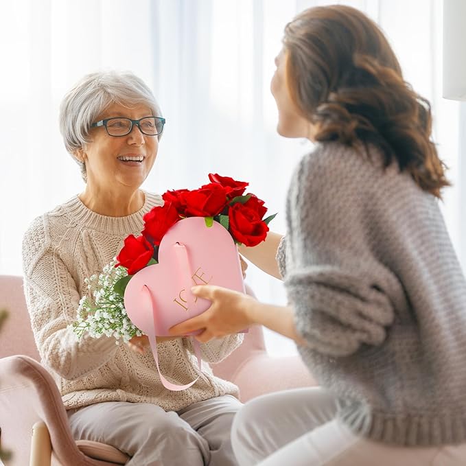 Kolldenn 12 Pcs Heart Shaped Flowers Boxes Christmas Bouquet Storage Bucket Valentine's Day Floral Boxes for Arrangements Paper Floral Bag with Handle Basket Handbag for Florist Bridal Shower(Pink)