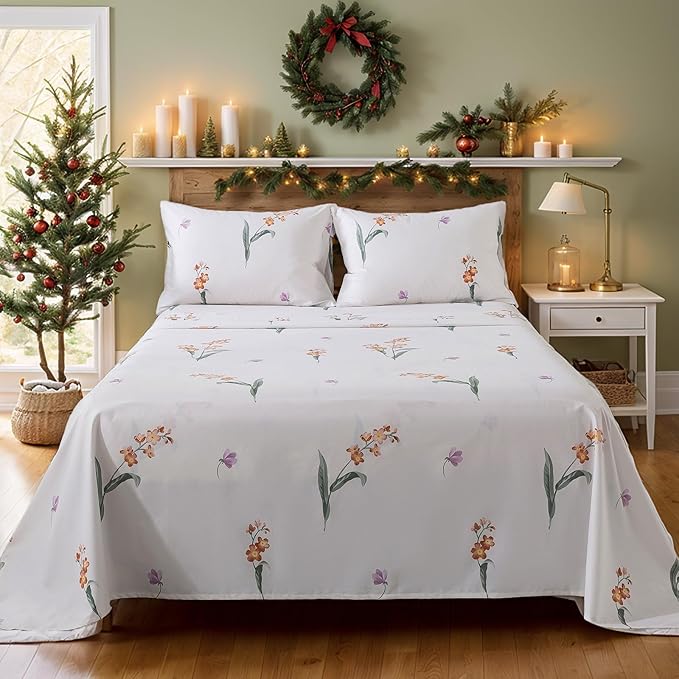 FADFAY Orange Vintage Orchid Floral King Size Sheets Set 100% Brushed Cotton Shabby Purple Tulip Pattern Bedding Set Deep Pocket Sheets with 2 Pillowcases Luxury Breathable Soft 4pcs, King Size