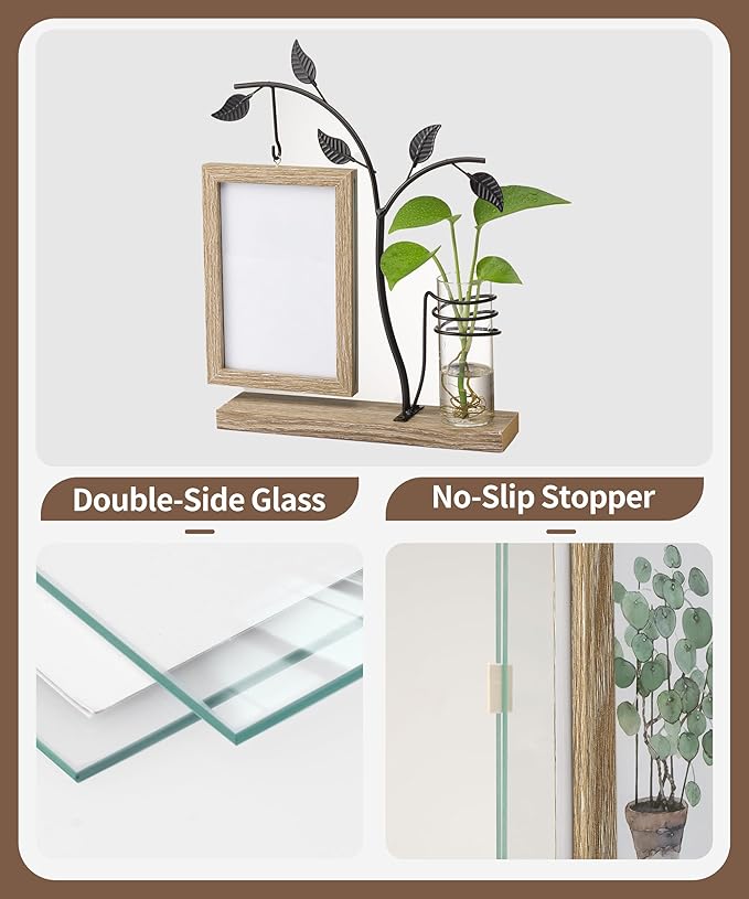 Afuly 4x6 Picture Frame Potted Plants Desk Photo Frames with Metal Stand Glass Vase, Rustic Double Sides Display Wood Frame Wedding Birthday Gifts for Couple Mom Grandma Women