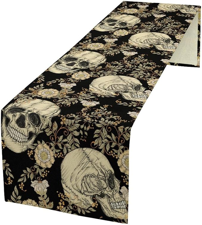 Gothic Table Runner,Vintage Floral Skull Print Table Runner for Home Kitchen Table Dining Garden Farmhouse Wedding Party Decor 13x108 Inch
