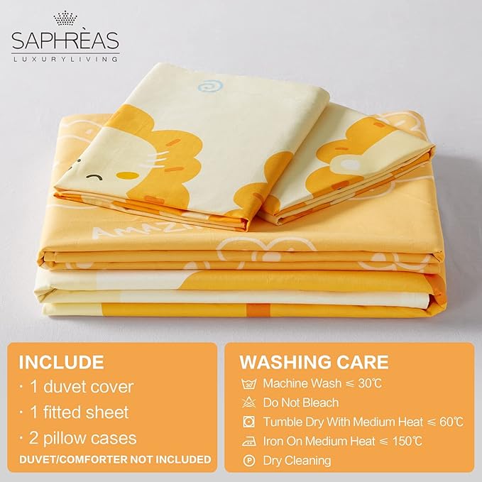 SAPHREAS Cartoon Lion Printed Kids Duvet Cover Set 4pcs with Fitted Sheet Queen Size Yellow Animal Pattern Cotton Children Comforter Cover Set, Comforter Not Included