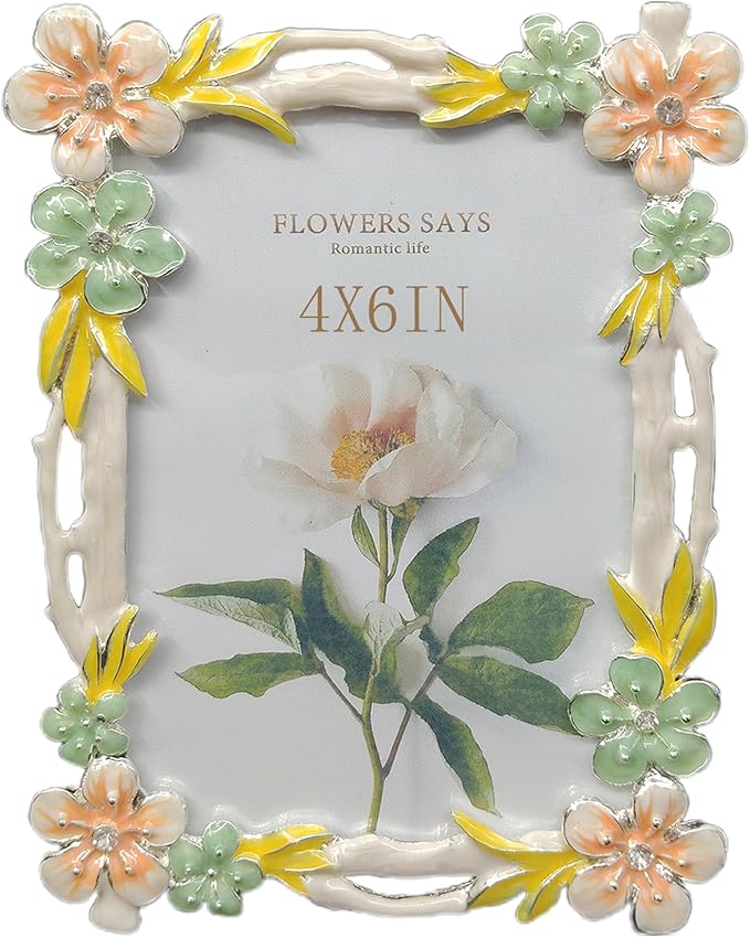 4X6 Wedding Picture Frame with Enamel Finis Glass Front - Ornate Antique Pink and Green Flowers Photo Frame Tabletop/Wall Vintage Display Gifts for Women