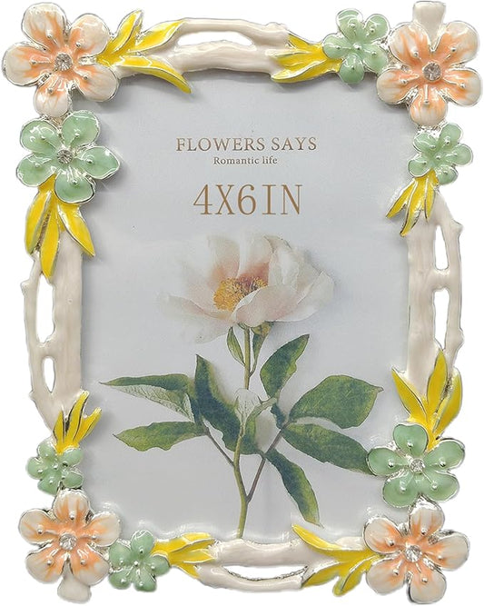 4X6 Wedding Picture Frame with Enamel Finis Glass Front - Ornate Antique Pink and Green Flowers Photo Frame Tabletop/Wall Vintage Display Gifts for Women