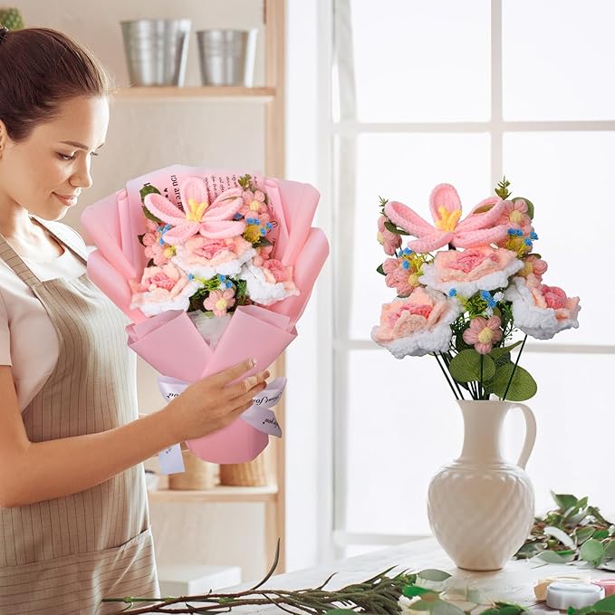 Foyucool Crochet Flowers Bouquet, Handmade Knitted Tulip Rose Bouquet with Gift Bag for Home Deocor, Crocheted Finished Flower for Wedding, Mother's Day, Teachers' Day and Valentine's Day, Pink