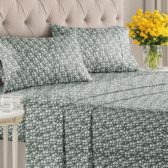 Floral Sheets - Green Floral Bed Sheet Set - 1 Flat, 1 Fitted & 2 Pillowcases w/ Deep Pockets - Comfy, Wrinkle & Fade Free - Boho Botanical Bedding - Ultra-Soft, Breathable & Cooling - King Size Set