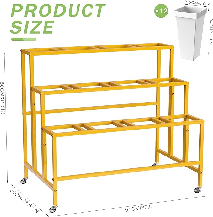Flower Display Stand with 12 Buckets, Flower Cart 3 Layers Gold Metal Flower Bar Stand with Wheels, Moving Florist Bouquet Shelf for Weddings Florist Indoor Outdoor Patio Garden Living Room