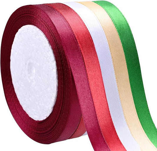 5 Rolls 10mm 125 Yards Christmas Ribbons, Holiday Satin Ribbons Fabric for Gift Wrapping and DIY Craft, Red & Dark Red & Green & Gold &White