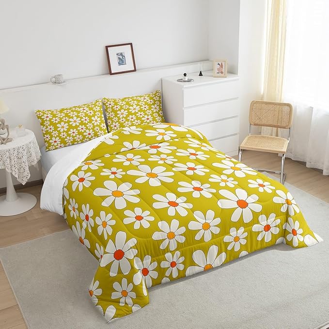 Hippie Flowers Comforter Set Full Size,70s Retro Floral Bedding Comforters Room Decor,Groovy Cartoon White Daisy Quilt Set with 2 Pillowcases,Teens Present
