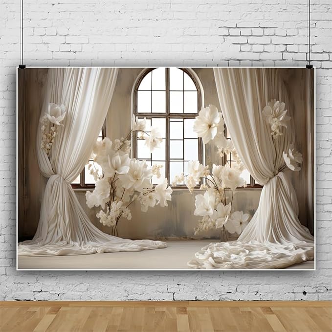 9x6ft Wedding Party Decorations Banner Backdrop Wedding Reception Photography Backdrop White Floral Flowers Curtains French Frame Photo Backgrounds Baby Shower Photo Shoot Portraits Props