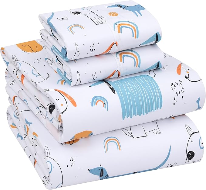 RUVANTI 100% Cotton Sheets Queen Size Set, 4 Pieces, Soft & Breathable Percale Weave Bedding, Deep Pocket 16", Hotel Standard, Crisp Cool Feeling, Durable, Perfect Floral Bed Sheet, Puppy Me