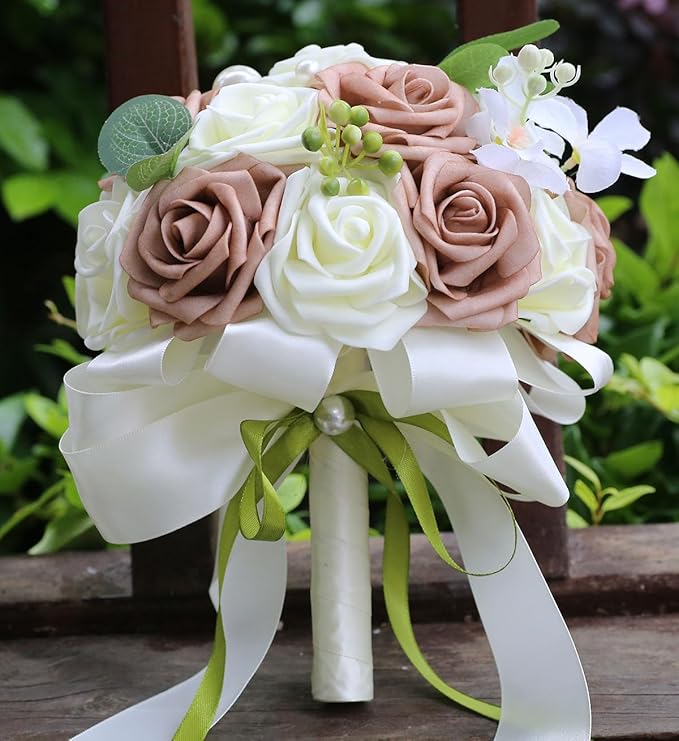 Lightweight Bridal Wedding Bouquet Round Holding Bouquet Throw Toss Artificial Rose Flower Bunch for Bride Bridesmaid Wedding Quinceanera (Cream & Rosy Brown, 7.9")