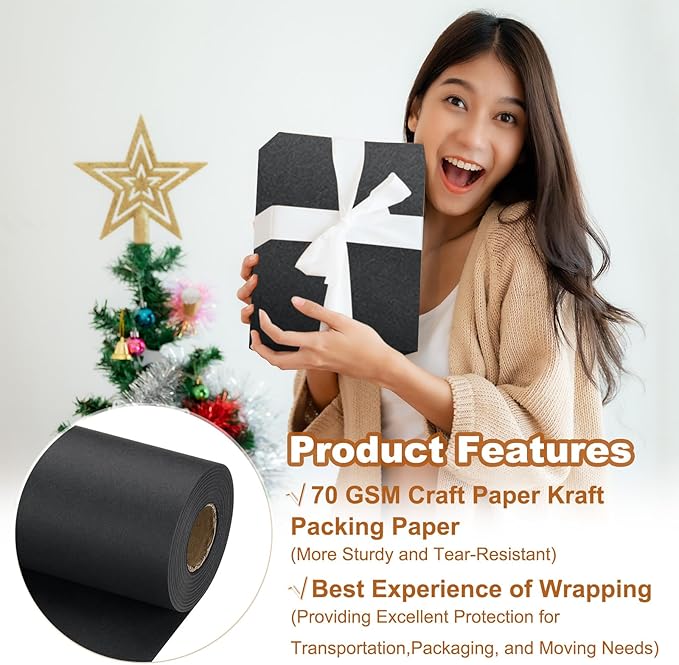 PATIKIL Wrapping Paper, 15" x 800"(66') 70 GSM Craft Paper Roll Kraft Packing Paper for Poster Bulletin Board, Gift Wrapping, Black