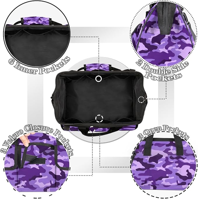 Purple Camouflage Tool Bag for Men Women Multi-Pockets Wide Mouth Tool Storage Bags 14.8 Inch Waterproof Heavy Duty Tool Bag Organizer for Electrician Mechanic Plumbers Handymen