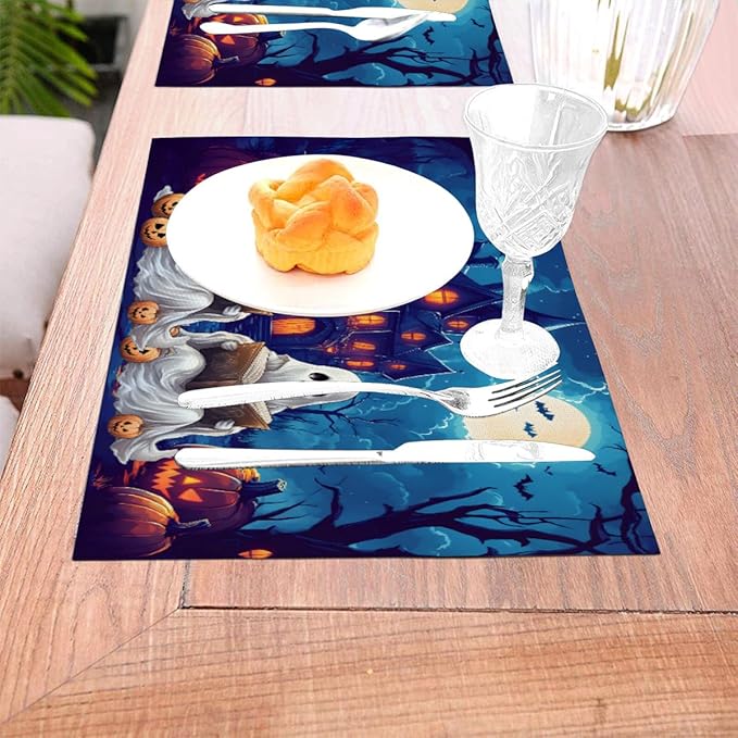 PVC Placemats Set of 4 Wipeable Table Mats Washable Heat Resistant Non Slip Vinyl Dining Table Mat for Kitchen Indoor Outdoor Patio Farmhouse Place Mats Halloween Pumpkin Ghosts Castle Decorative