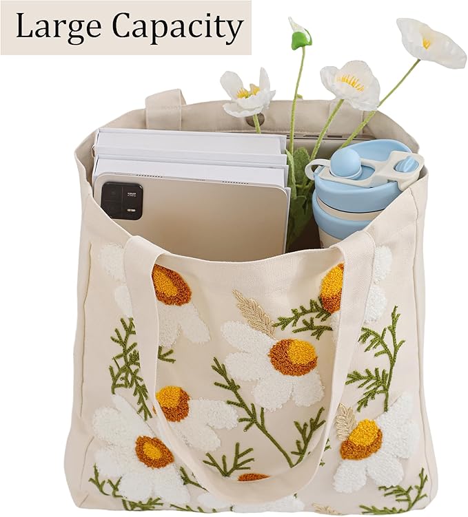 Aesthetic Embroidery Tote Bag for Lady Cute Reusable Canvas Shoulder Bag for Girls Women Shopping Grocery