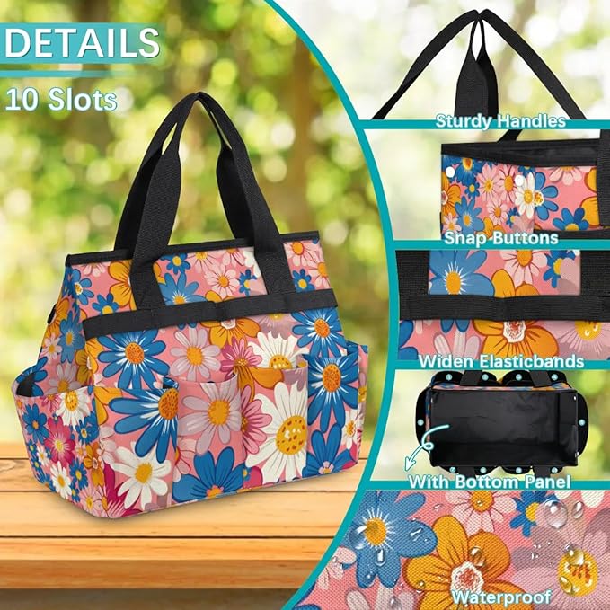 Garden Tool Bag Organizer Garden Tote Bag with Pockets Small Print Flowers Tool Storage Organizer Gardening Tool Kit Holder 13" x 6.8" x 2.8"