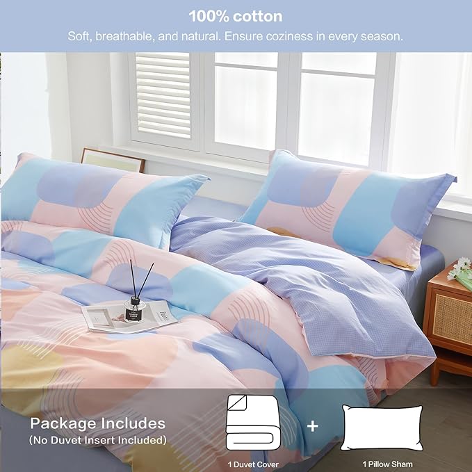SAPHREAS Orange Blue Geometric Blocks Duvet Cover Set Twin Size 2pcs 100% Cotton Colorful Blocks Bedding Comforter Cover Set 1 Duvet Cover 1 Pillow Sham
