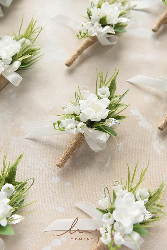 Ling's Moment Boutonniere for Men, 10pcs Groomsmen Guest Boutonniere, Artificial Flowers for Wedding Décor/Prom/Homecoming,etc.White Lily Valley