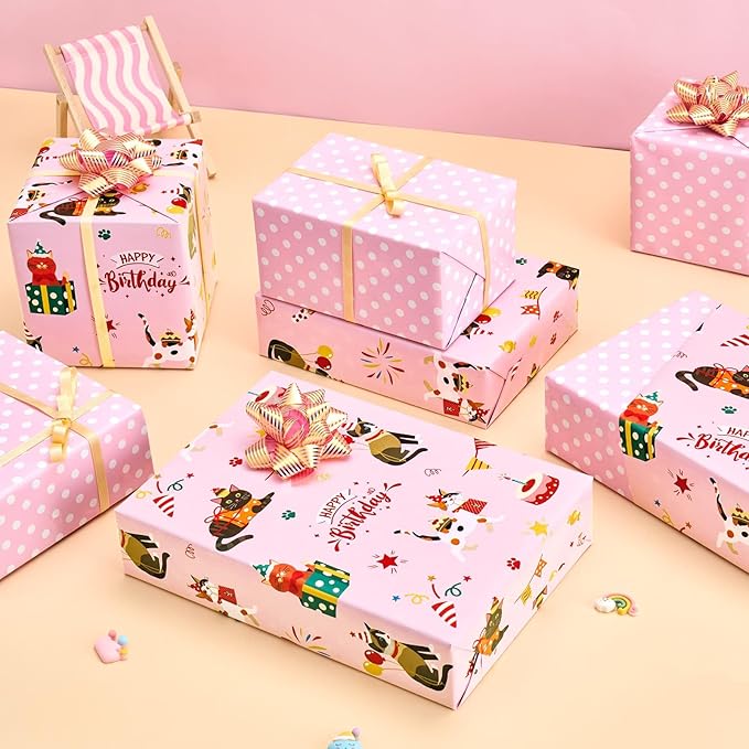 WERNNSAI Cat Wrapping Paper Roll - 1 Roll 17”x 33 ft Happy Birthday Wrapping Paper Pink Cat Birthday Gift Wrap for Kids Girls Adults Kitten Party Baby Shower Decoration Reversible Polka Dot Design