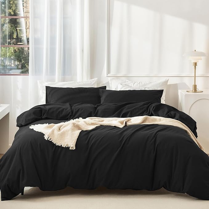 JIYUAN 100% Washed Cotton Duvet Cover Set 3 Pieces Cal King, 1 Duvet Cover 104x98 Inches(Comforter Not Included) and 2 Pillowcases,Linen Feel Bedding Set Comfy and Breathable,Black