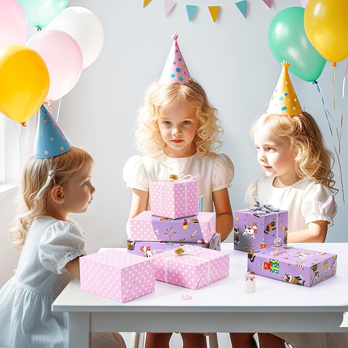 WERNNSAI Cat Birthday Wrapping Paper Roll - 1 Roll 17”x 66 ft Cat Gift Wrapping Paper Pink Purple Reversible Wrapping Paper for Girls Kids Birthday Party Gift Wrap with Polka Dot Design