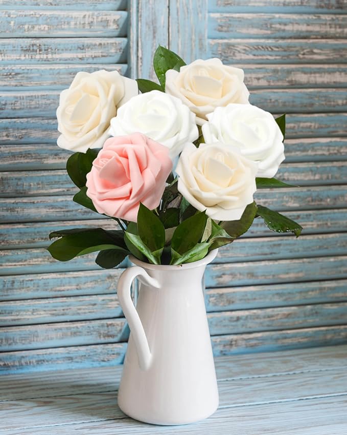 JOYLEX Artificial Flowers Realistic Roses, Real Looking Fake Roses with Stem for DIY Wedding Bouquets Centerpieces Bridal Shower Party Home Romantic Decorations (White/Cream/Light Pink, 100pcs)