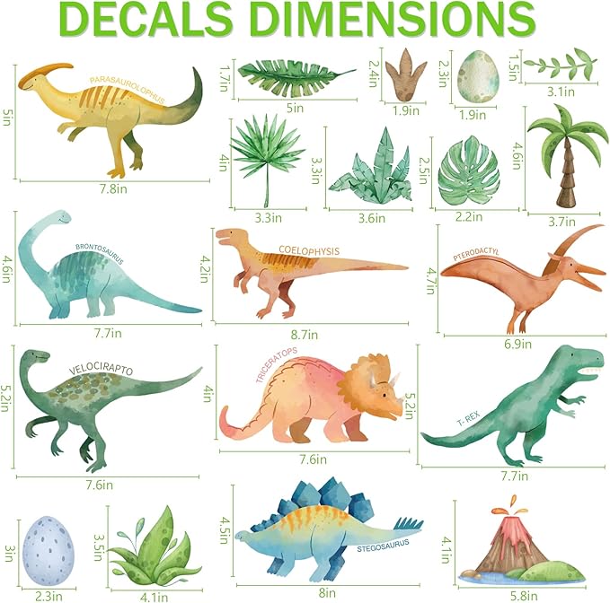 AOWDIAO Watercolor Dinosaur Wall Decals - 28 Pcs Peel and Stick Dino Decor for Boys’ Bedroom, Nursery & Classroom