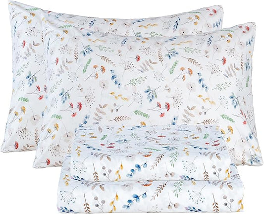 Bedlifes King Sheet Set Ultra Soft, Breathable, Silky Flower Deep Pocket 100% Microfiber Bedding, 4 Piece King Size White Floral