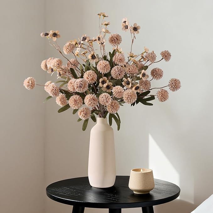 HyeFlora Fake Kiku Flowers,Faux Silk Pompon Mums 40heads Artificial Flowers,Chrysanthemum Stems Floral Arrangement Dried Flowers Vintage Decorative Indoor Home Vase Decor Beige with Wax