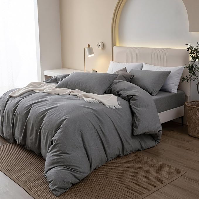 JIYUAN 100% Washed Cotton Duvet Cover Set 3 PCS Super King Plus, 1 Duvet Cover 120"x120" (Comforter Not Included) and 2 Pillowcases,Linen Feel Bedding Set Comfy and Breathable, Heathered Dark Grey