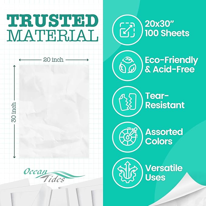 Ocean Tides 100 Sheets (14 x 20 Inches) Christmas Wrapping Paper – Gift Wrapping Tissue Paper Bulk for Crafts, Birthdays, & Holidays – Colored Tissue Papers for Gift Bags & Decorations, White