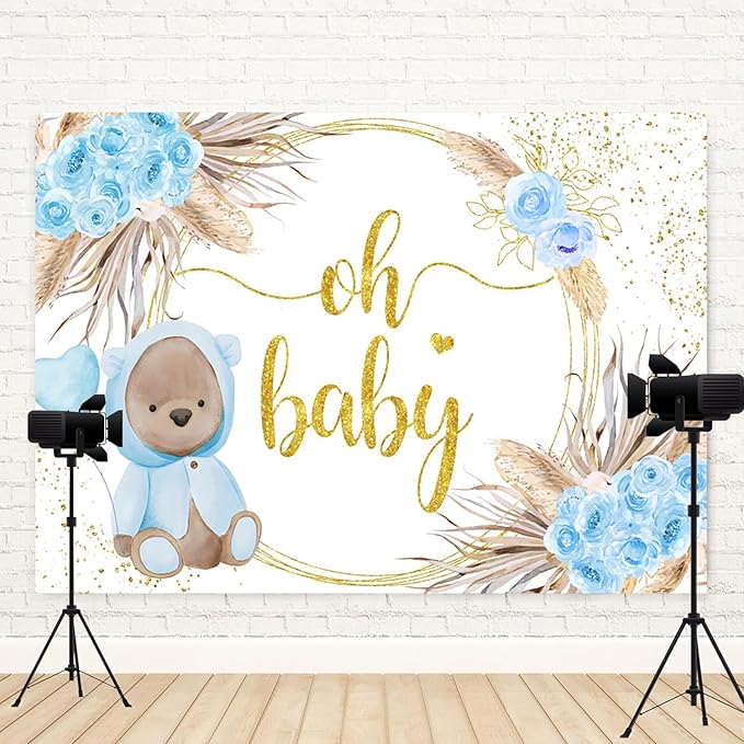 12x8ft Baby Shower Backdrop Oh Baby Photography Background Bear Blue Flowers Boho Leaves Heart Balloon Gold Dots Kid Birthday Party Banner Decorations Newborn Gender Reveal Photo Booth Prop