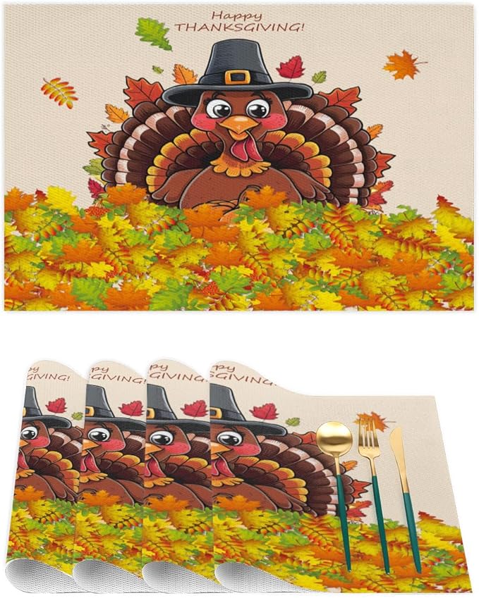 Thanksgiving Leaf Turkey Placemats Set of 6 PVC Vinyl Non Slip Table Mats Heat Resistant Place Mats Washable Wipeable Dining Table Mat for Kitchen Decor Party Indoor Outdoor Decorative Gift