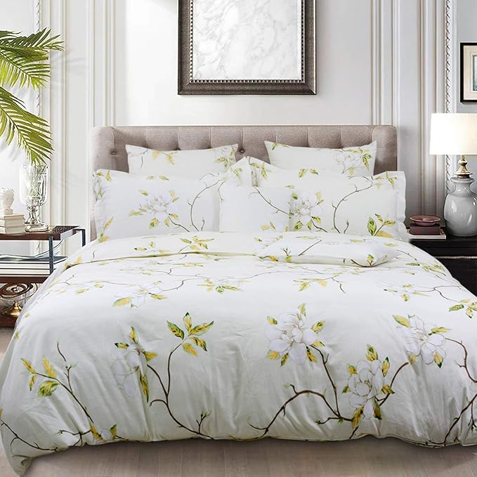 FADFAY White Floral Duvet Cover Set 100% Cotton Farmhouse Bedding with Hidden Zipper Closure 3 Pieces, 1duvet Cover & 2pillowcases,Queen Size
