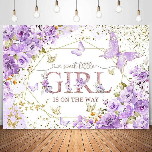 Sensfun Butterfly Baby Shower Backdrop A Sweet Little Girl is On The Way Photography Background Purple Butterfly Floral Princess Baby Shower Decorations Banner Party Supplies Photoshoot Props 8x6ft