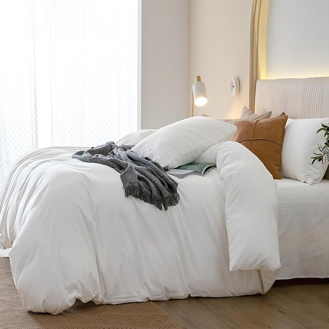 JIYUAN 100% Washed Cotton Duvet Cover Set 3 Pieces Oversized King, 1 Duvet Cover 120x98 Inches(Comforter Not Included) and 2 Pillowcases,Linen Feel Bedding Set Comfy and Breathable,Bright White