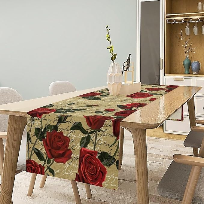 Red Rose Print Table Runner, Vintage Rose Spring Summer Seasonal Romantic Valentines Dinner Runner Table Decoration for Home Kitchen Dining Holiday Wedding Party 13x90in