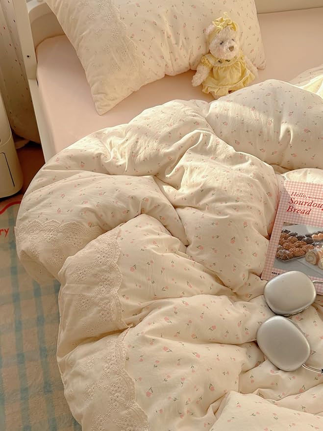 VM VOUGEMARKET Girl's Pink Flower Comforter Set Twin,Romantic Lace Bedding Comforter Soft Lightiweght Washed Microfiber Quilt Comforter Set for College Dorm