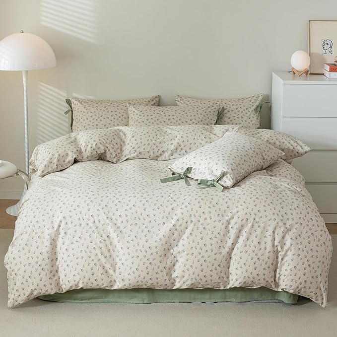 HighBuy Boho Floral Comforter Set King Floral Boho King Comforter Bed Set 3 Piece with 2 Bow Tie Pillowcases Cozy Soft for Girl Cottagecore Coquette Bedding Sets,All Season Fluffy Comforters